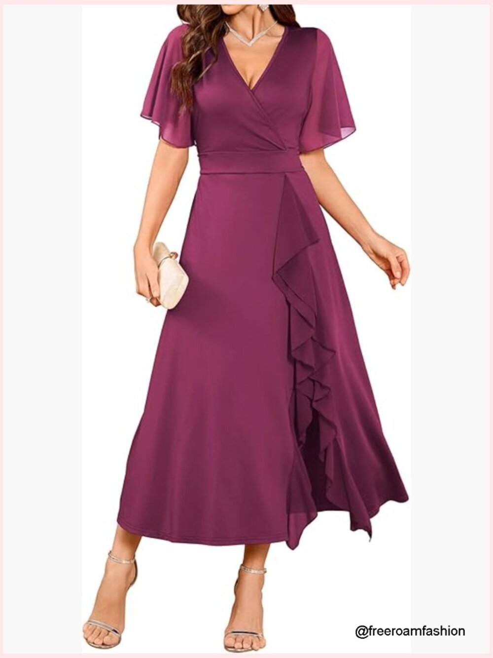 Semi Formal V-Neck Flared Sleeve Ruffle Split Evening Dress Wedding Guest